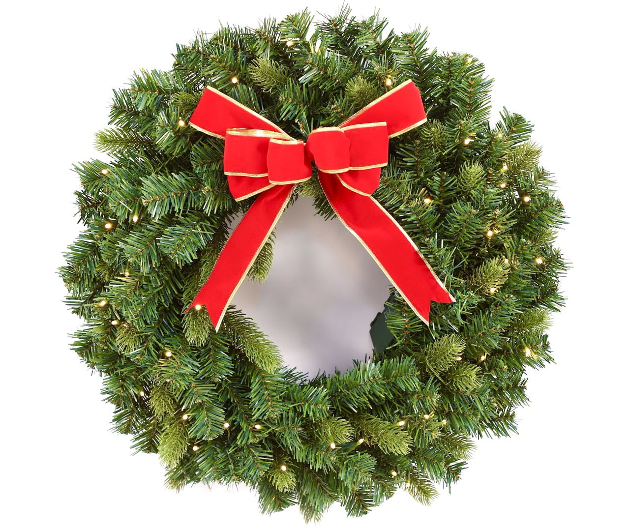 Flexible Flyer 24” Pre-lit Christmas Wreath for Front Door. Outdoor Battery-Operated Evergreen, Red Bow
