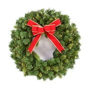 Flexible Flyer 24” Pre-lit Christmas Wreath for Front Door. Outdoor Battery-Operated Evergreen, Red Bow