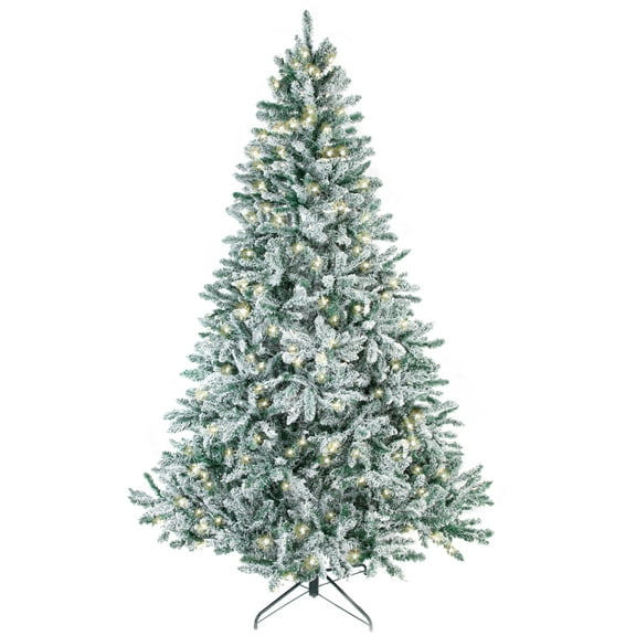 Flexible Flyer 7.5 Ft Flocked Christmas Tree Prelit. Wide White Snow Frosted Fat Xmas Fir with Lights