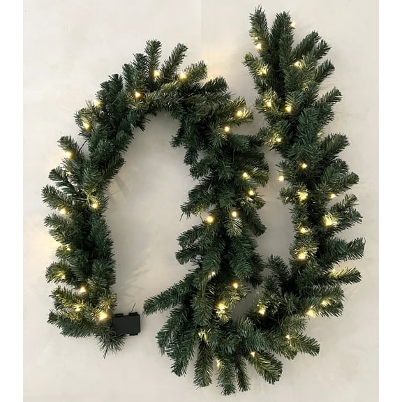 Flexible Flyer 9 Ft Battery Operated Garland with Lights. 9 Pre-Lit LED Lighted Christmas Xmas Evergreen Pine for Front Door Railing