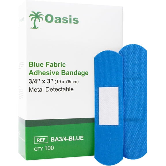 Flexible Food Service Metal Detectable Blue Fabric Adhesive Bandages, 3/4" x 3, Box of 100 Sterile Bandages for First Aid Kit Wound Care & Protection
