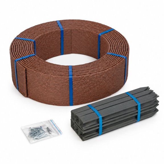Flexible Garden Edging Kit, Faux Stone, 30ft x 5.5", Brown Recycled Plastic, with 10 Stakes for Flower Beds and Lawns