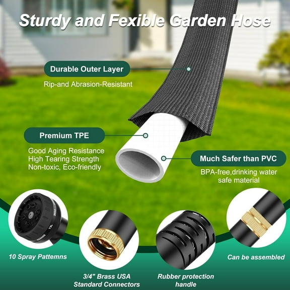 Flexible Garden Hose 50ft, Lightweight Water Hose with 10 Function Spray, Portable Water Pipe Leak-Proof Kink Free Non-Shrinking Drinking Water Safe Hose Durable for Car Wash Patio Yard House Camping