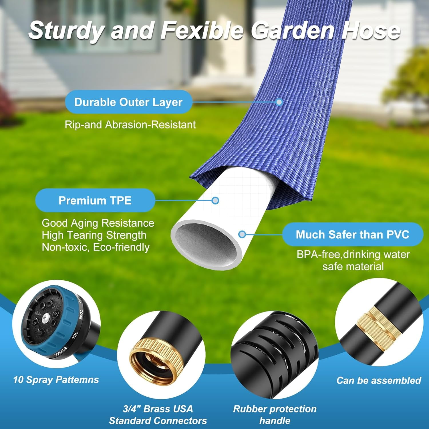 Flexible Garden Hose 75ft, Lightweight Water Hose with 10 Function ...