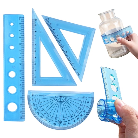 Flexible Geometry Ruler Set,6.29in Bendable Measuring Kit 4‑Piece,Blue Soft Plastic Protractor Triangle Rulers for Drafting Craft DIY Graphic Work,Great Budget‑Friendly Pick