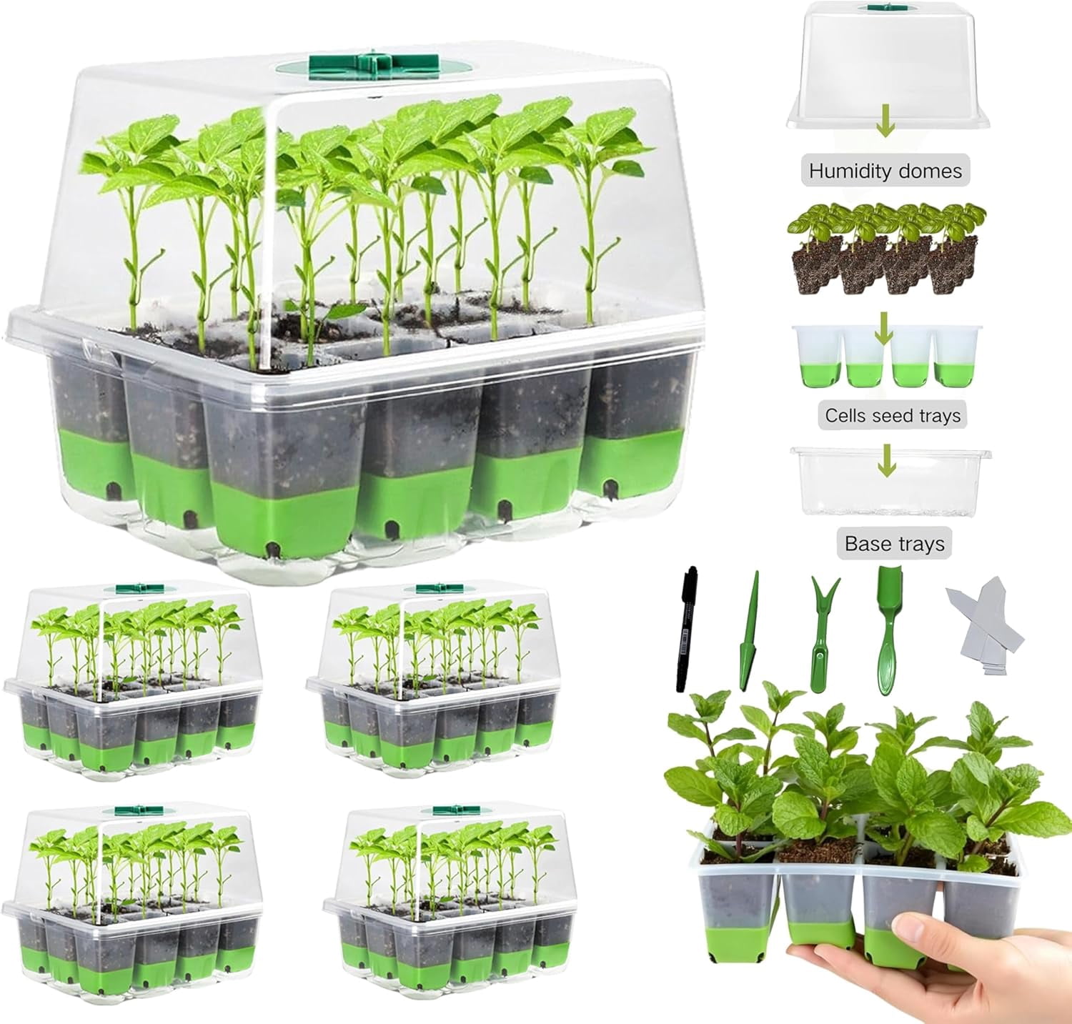 Flexible Germination Trays, Reusable 60-Cell Seed Starter Trays With Humidity Dome & Lids, Flexible Pop-Out Design, BPA-Free Silicone Seedling Kit & Dishwasher Safe for Herbs/Vegetables/Flowers