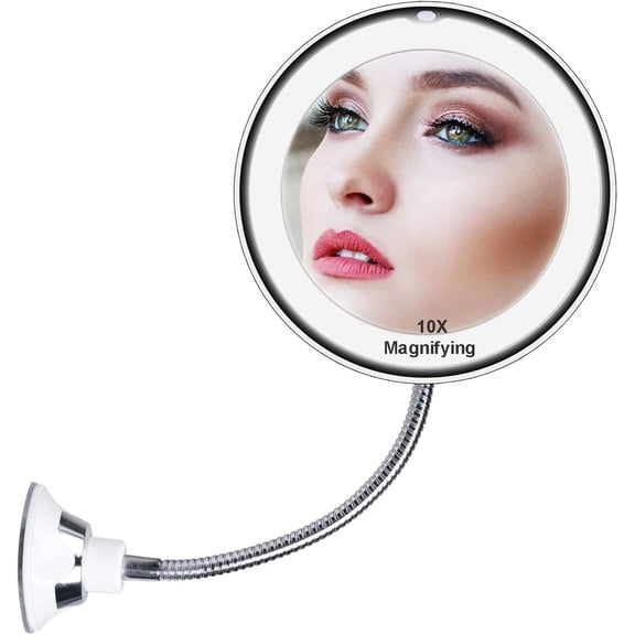 Flexible Gooseneck 10x Magnifying Mirror with Light, Make up Mirror with Lights and Magnification, Portable Vanity Magnified Mirror with Suction Cups for Wall Bathroom (8inch)
