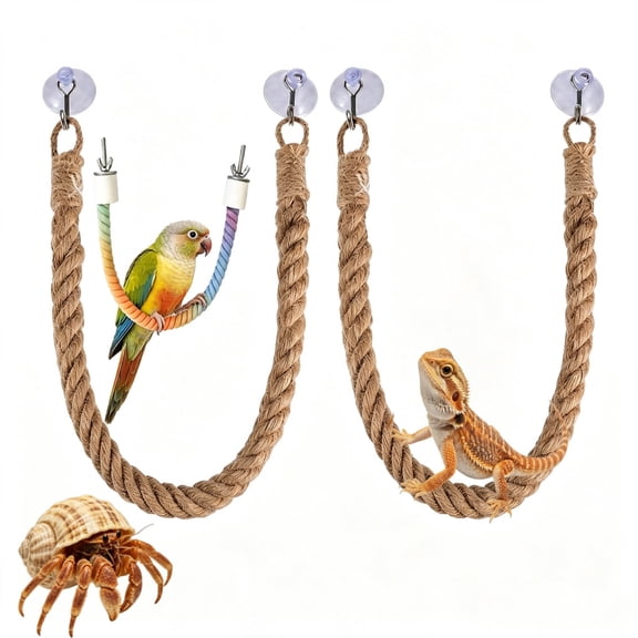 Flexible Hemp Rope Climbing Set w/Suction Cups | Reptile Swing & Bridge for Crab & Lizard Tanks