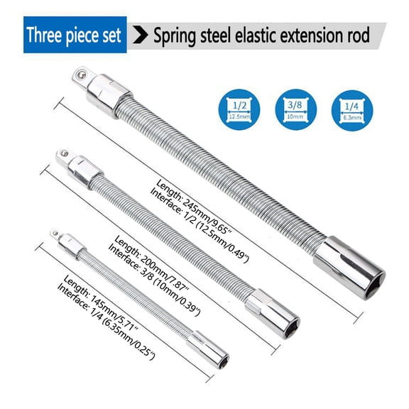 Flexible Impact Extension,Flexible Socket Extension,3PCS Wrench Sleeve Extension Rod Flexible Extension Bar High Torque Spring Steel Extension 360 Degree Extens Set.(White)
