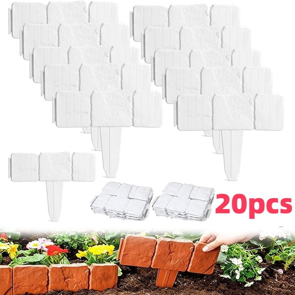 Flexible Interlocking Landscape Edging, Imitation Stone Garden Fence, No Dig Plastic Retaining Border for Flower Beds, Stone-Look Decorative Lawn Edging - White (10pcs)