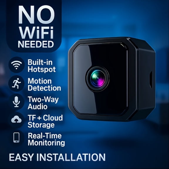 Flexible Mini Cam -- Plug in Your Garage/Baby Room, Wifi Or Not | 24/7 Phone Alerts And Night Vision | TF Card Storage Ready, No Fees!