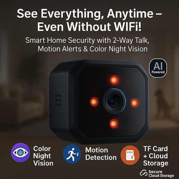 Flexible Mini Camera -- Plug in Your Garage/Nursery, Wifi Or Not | 24/7 Phone Alerts & Night Vision | TF Card Storage Ready, No Fees!