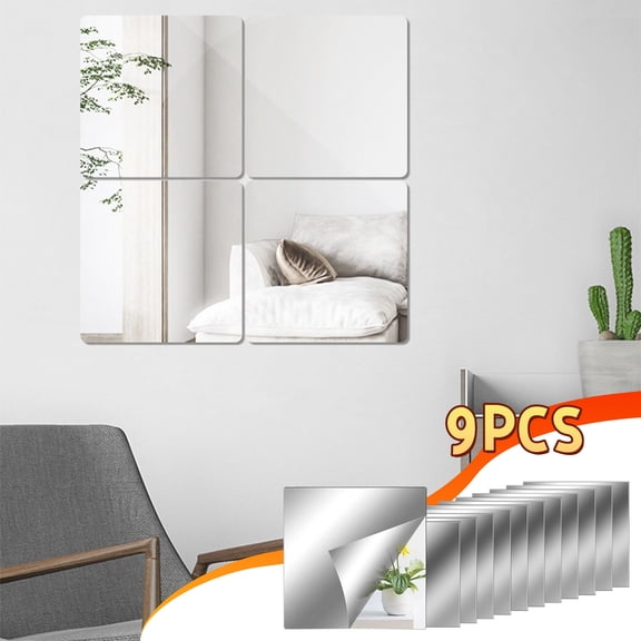 Flexible Mirror Sheets 9 Pack, Self Adhesive Cuttable Wall Tiles, Non Glass Safe Reflective Stickers for Home DIY Decor