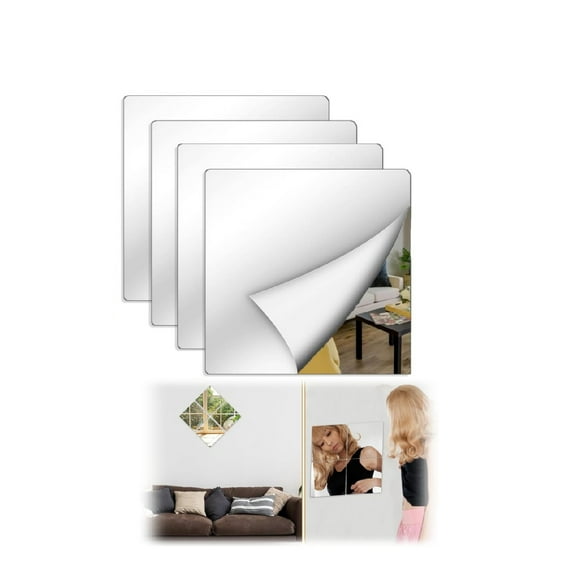 Flexible Mirror Sheets Wall Stickers,QZS Full Body Length Mirrors Stickers for Walls,7.9x7.9x0.08In Portable Frameless Mirror for Home,Office,4Pack