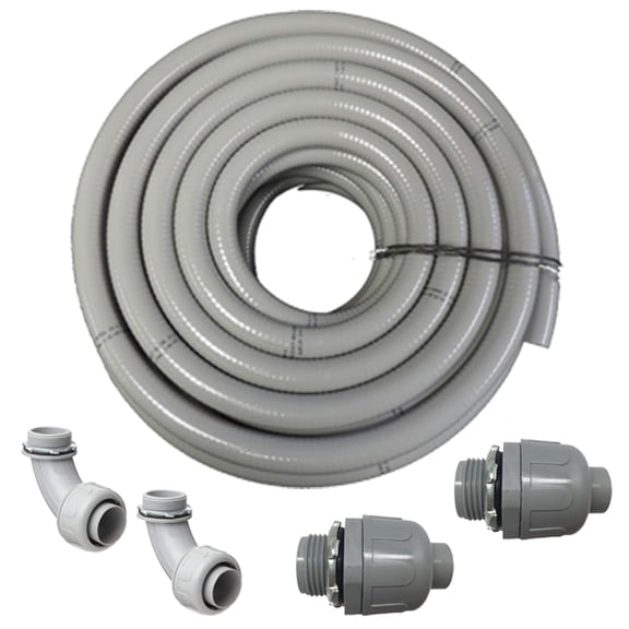 Flexible PVC Non Metallic UL Liquid Tight Electrical Conduit Kit with 2 Straight and 2 Angle Fittings Included (3/4" Dia. x 50 ft)