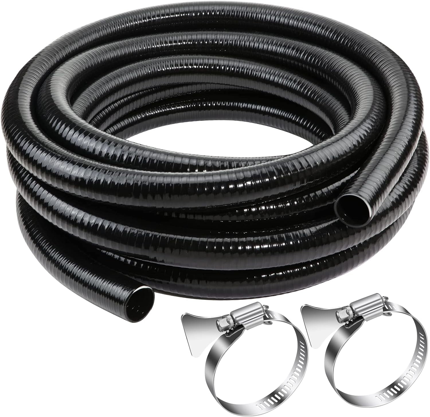Flexible PVC Pipe1.5" Dia Black PVC Pipe,1.5" x50 feet Pool Hose,Spa Hose Tubing for Koi Ponds, Pond Tubing,Irrigation and Water Gardens,With 2PCS Stainless Steel Clamps