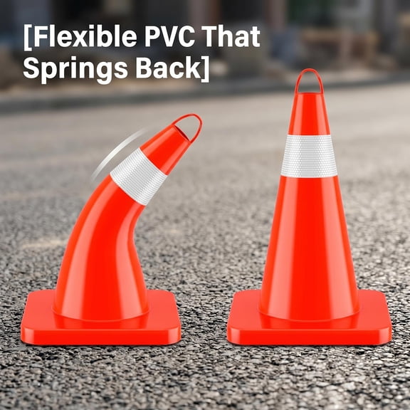 Flexible PVC Traffic Cones 18 Inch, Reflective Cones for Driving Practice, Weighted Base Safety Cones 18 Inch with Reflective Collar