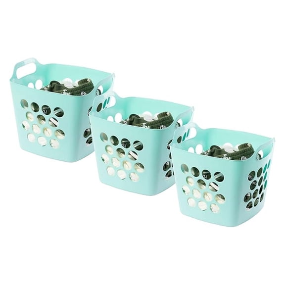 Flexible Plastic Carry Laundry Basket Holder Square Storage Hamper with Side Handles, Green Set of 3