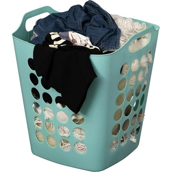 Flexible Plastic Carry Laundry Basket Holder Square Storage Hamper with Side Handles (Green)
