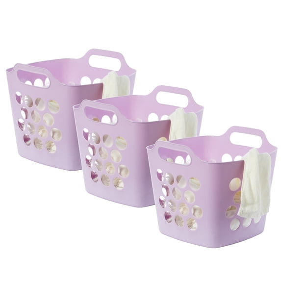 Flexible Plastic Carry Laundry Basket Holder Square Storage Hamper with Side Handles, Purple Set of 3