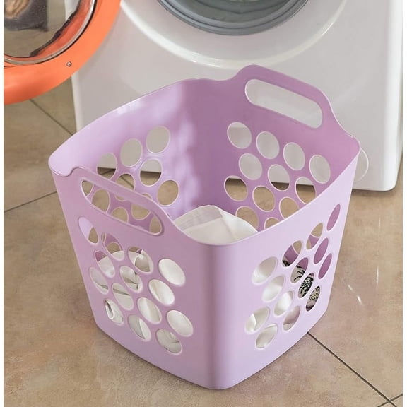 Flexible Plastic Carry Laundry Basket Holder Square Storage Hamper with Side Handles (Purple)