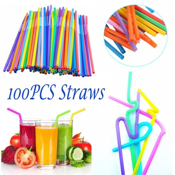 100 Packs Colorful Flexible Plastic Straws, BPA-Free Disposable Bendy Straws, 10.2 Long and 0.23''