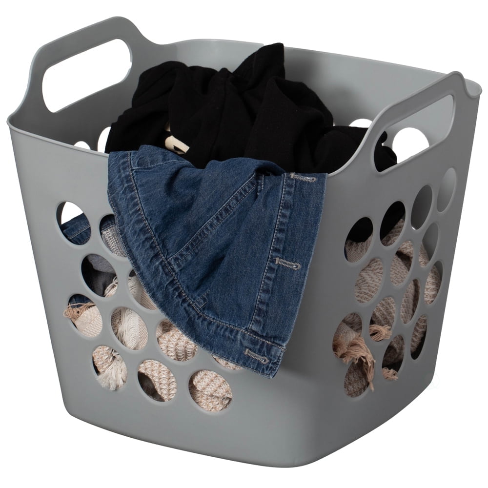 Flexible Plastic Laundry Basket - Square Storage Hamper with Side Handles for Easy Carrying - Versatile Organizer for Laundry, and Household Storage, 28 Litter Gray