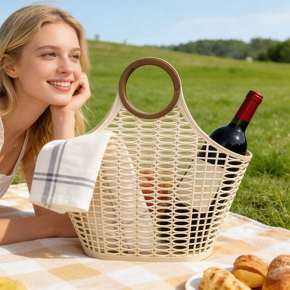 Flexible Plastic Storage Basket | Multi-Use Tote for Shopping Picnic Bathroom Organization | Foldable Space-Saving Design with Handles | Beige