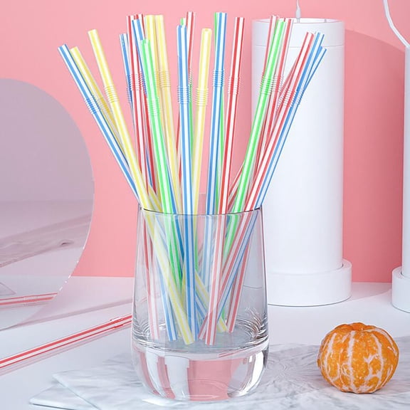 Flexible Plastic Straws Wrapped 2400 Pack - Striped Multi Colored BPA-Free Disposable Bendy Straw 8" Long