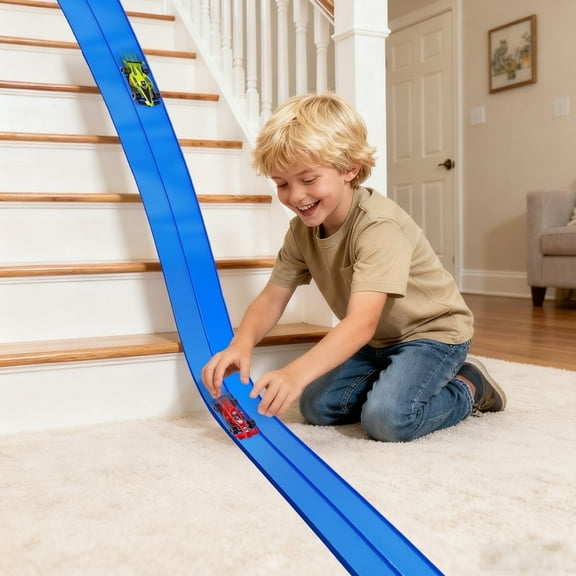 Flexible Diy Track Car for Kids,Toys for boys 15 Feet Long Rolls Up Portable Racetrack with 2 Toy Cars (Blue)