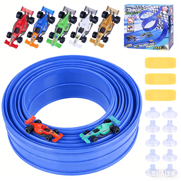 Flexible Race Car Track for Kids - Flex Track 16 Ft with Suction Cups & Loop for Ages 3 & Up Classic Blue Double Long Rolls Up Portable(Blue)