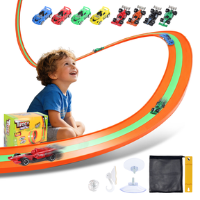 Flexible Race Track for Kids, 16 Ft Flex Race Car Ramp Track with Racing Cars Track Toys Compatible with Diecast 1/64th Hot Wheel Car Ramp Toys for Boys and Girls Ages 3+ - Gray