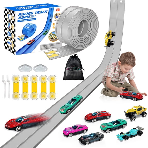 Flexible Race Track for Kids, 16 Ft Flex Race Car Ramp Track with Racing Cars Track Toys with Hot Wheel Cars Rolls up Portable Car Ramp Toys for Boys and Girls Ages 3+ - Gray