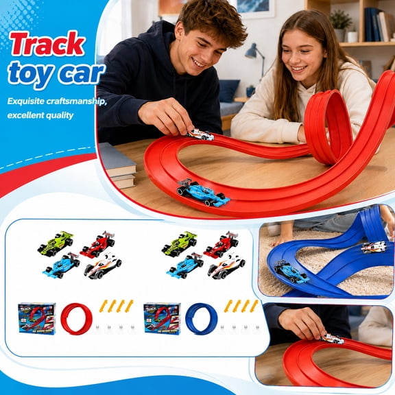 Flexible Race Track for Kids, Portable DIY Flexible Racing Track | 2 Strong Screw Suction Cup & 4 Pull-Back Toy Cars, Car Track Compatible with Diecast Cars