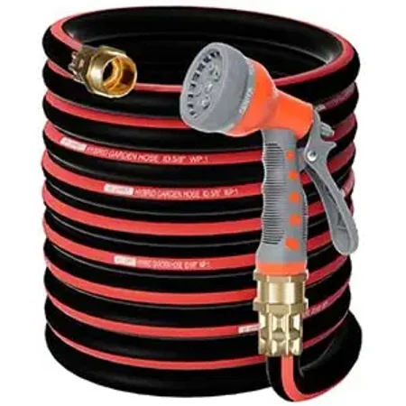 Flexible Rubber Garden Hose with Solid Brass Fittings, 5/8 in × 75 ft, Red and Black, 7 Spray Patterns, Zero-Memory Design