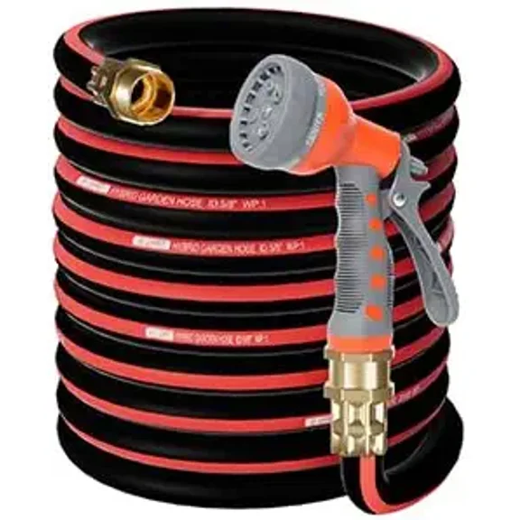 Flexible Rubber Garden Hose with Solid Brass Fittings, 5/8 in 75 ft, Red and Black, 7 Spray Patterns, Zero-Memory Design