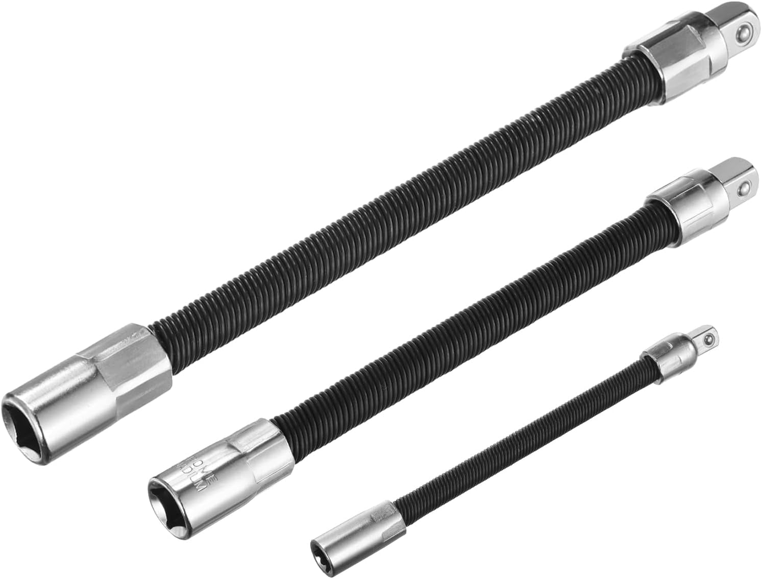 Flexible Shaft Extension & Socket Extension Bar Set, Spring Steel, Chrome Plated, Universal Joint, for Tight Spaces, 3-Piece (1/4", 3/8", 1/2")