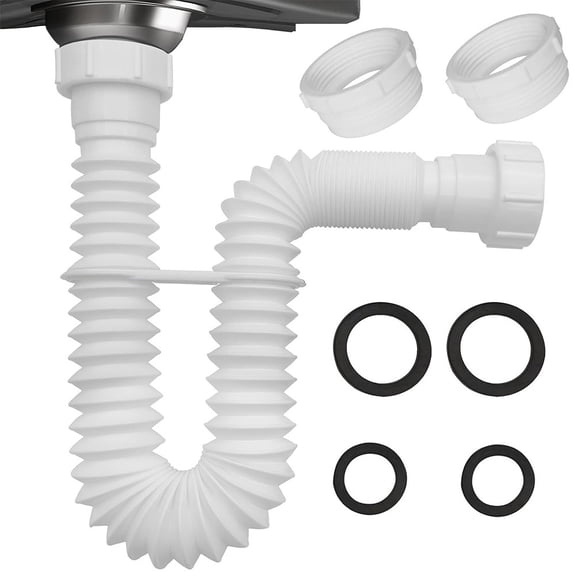 Flexible Sink Drain Pipe Kit with Adapters, Expandable Corrugated Hose P-Trap for Kitchen Sink, Bathroom Vanity, and Salon Basin Plumbing Installation