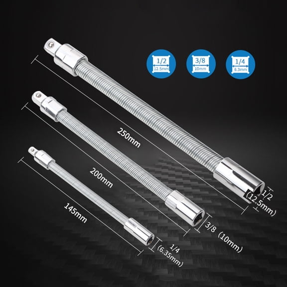 Flexible Socket Extension Bar Set Drive Light Impact Extender and Flex Socket Extension Cable Tools, 1/4 inch, 3/8 inch, and 1/2 inch Drive Spring-Steel Universal Joint Adapters, 3-Piece Kit