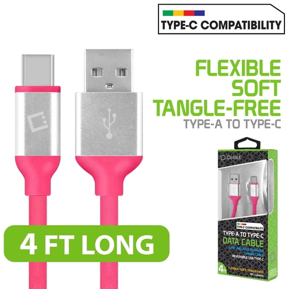 Flexible / Soft / Tangle-Free Type A to type C Data cable - by Cellet - Pink