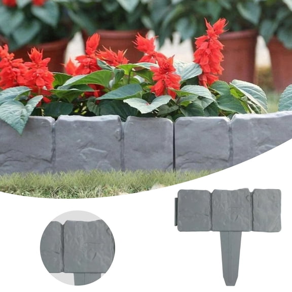 Flexible Splicable Imitation Stone Garden Border Fence With Ground Stakes Weatherproof Interlocking Lawn Edge Divider For Flower Bed Pathway Landscape Decor(Grey-0.85)