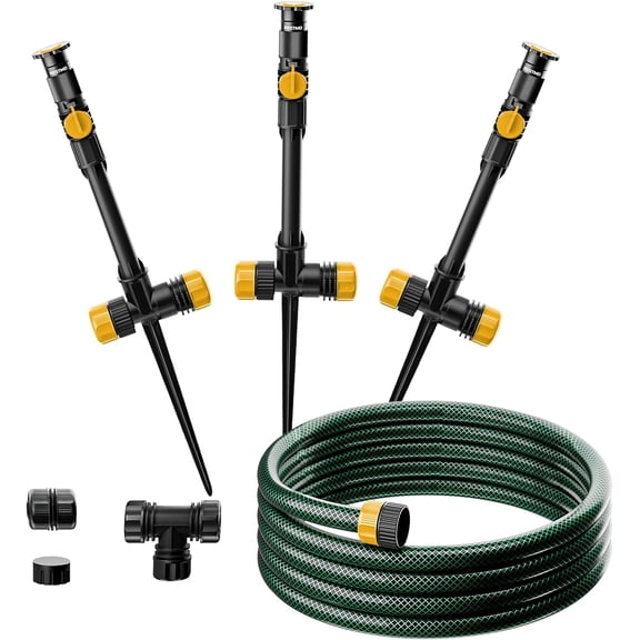Flexible Sprinkler System with Metal Spike Base Above Ground DIY Irrigation Kit Multi Adjustable Lawn Sprinkler Set for Plant and Flower Beds 30 ft Garden Hose Yellow