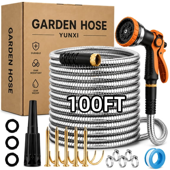 Flexible Stainless Steel Garden Hose, tangle-free and resistant to kinking, crafted from robust material for long-lasting durability. Equipped with a 10-function multi-spray nozzle,