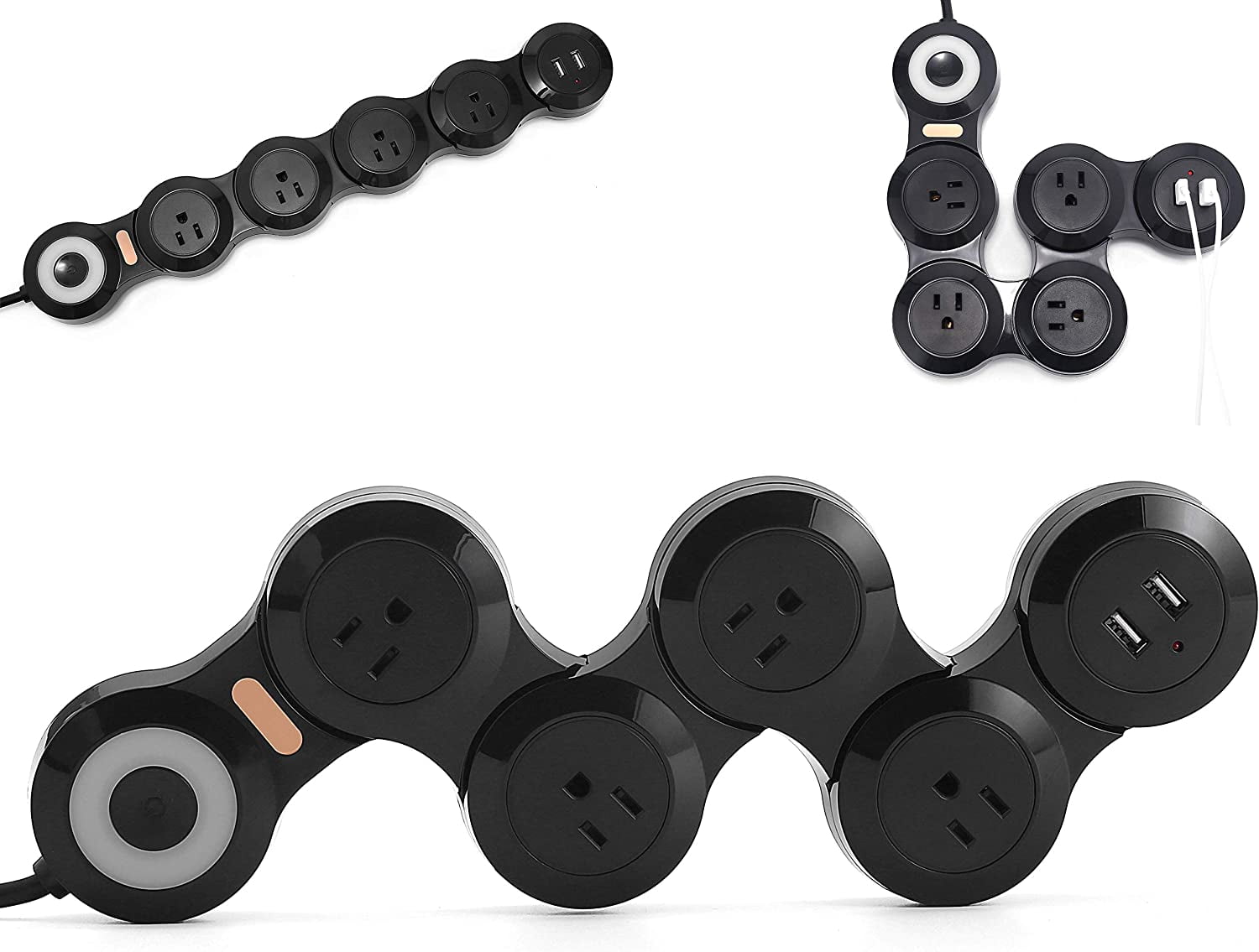 Flexible Surge Protector Power Strip 6 Feet Long Cord 4 Outlets 2 USB （10V/13amp Flat Plug） with Overload Protection Extension Cord Suitable for Home Office Travel Black
