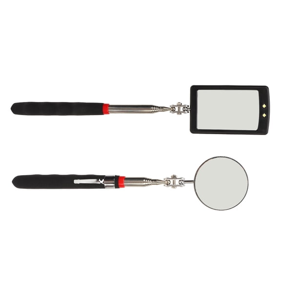 Flexible Telescoping Inspection Mirror Set with LED Lighted Square and Round Glass for Automotive and Machinery Maintenance 2 Pieces / 5.08 cm