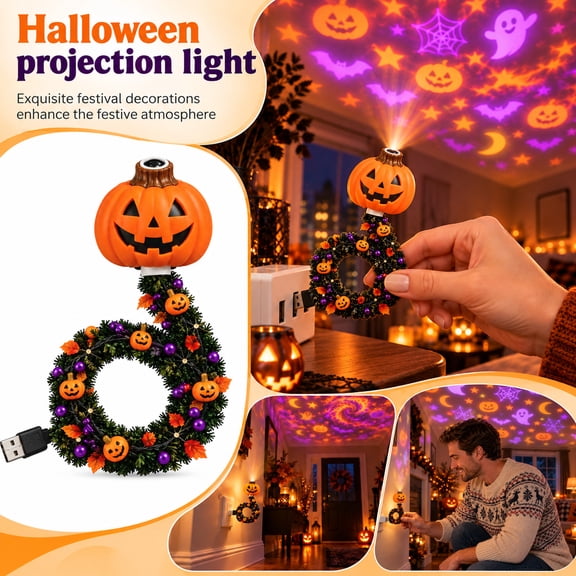 Flexible Vine Halloween Pumpkin Projection Light, USB Powered Jack O Lantern Projector for Indoor Halloween Home & Party Decor