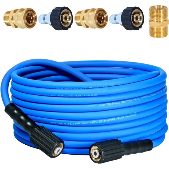 Flexible Washer Hose 30ft, 3400 PSI Kink Resistant Power Washer Hose 1/4 in., Replacement Power Wash Hose with M22 and 3/8" Quick Connection Kit for Gas &