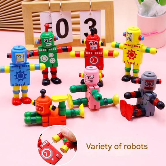 Flexible Wooden Robots, Open Ended Play Toys, Pretend Play Robots, Retro Robot Figurines, 4X4 Inch Random Color Adjustable Wooden Robot for Birthday, Christmas and New Year