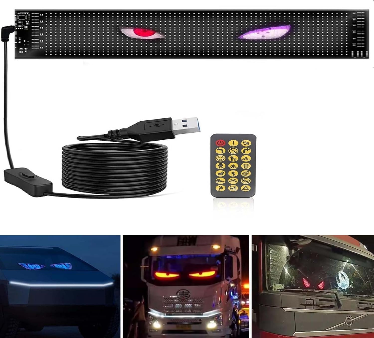 Flexible led Advertising Screen Soft Screen APP Bluetooth car DisplayDIY Dynamic LED Big Eye Lights for Windshield with APP ControlDevil Eyes Light for Cars (92 * 374mm)