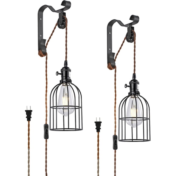 KEESFU Plug in Wall Sconces Set of 2, Industrial Black Cage Wall Lamp with 6.5ft Switch Cord, Adjustable Vintage Wall Light for Bedroom Living Room Nightstand